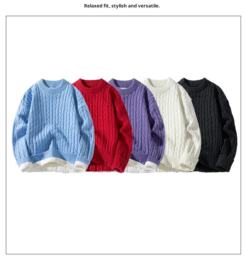 ragazzo ragazzo ragazzo con fodera in pile, nuova maglia base autunnale e invernale, maglione lavorato a maglia con trecce intrecciate a scollo rotondo, maglione lavorato a maglia da uomo_voghion.com