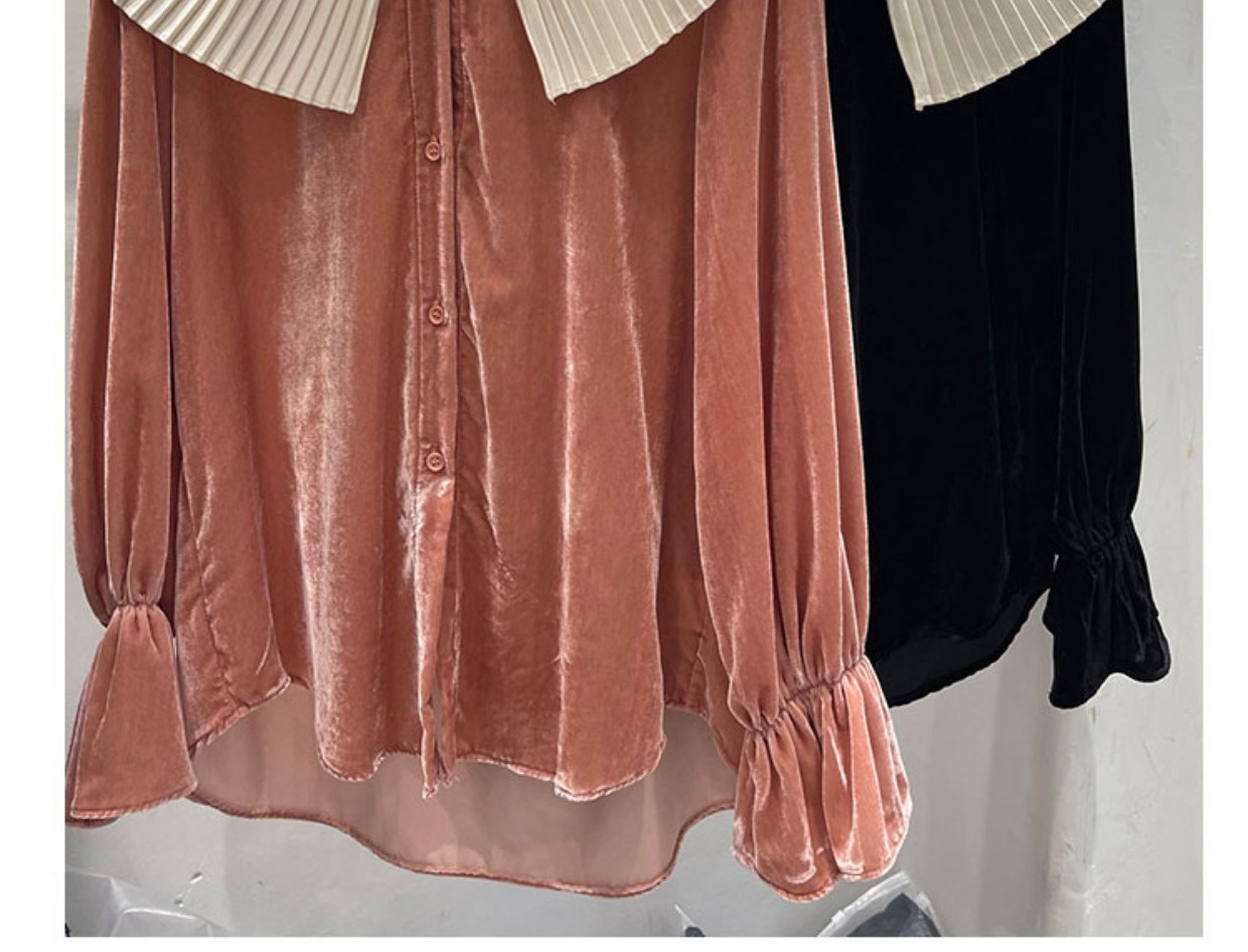 GraceChic GraceChic GraceChic Women's Fashion Station 25 New European Goods Trendy High-end Color-blocking Large Lapel Velvet Blouse Long Sleeve Shirt_voghion.com