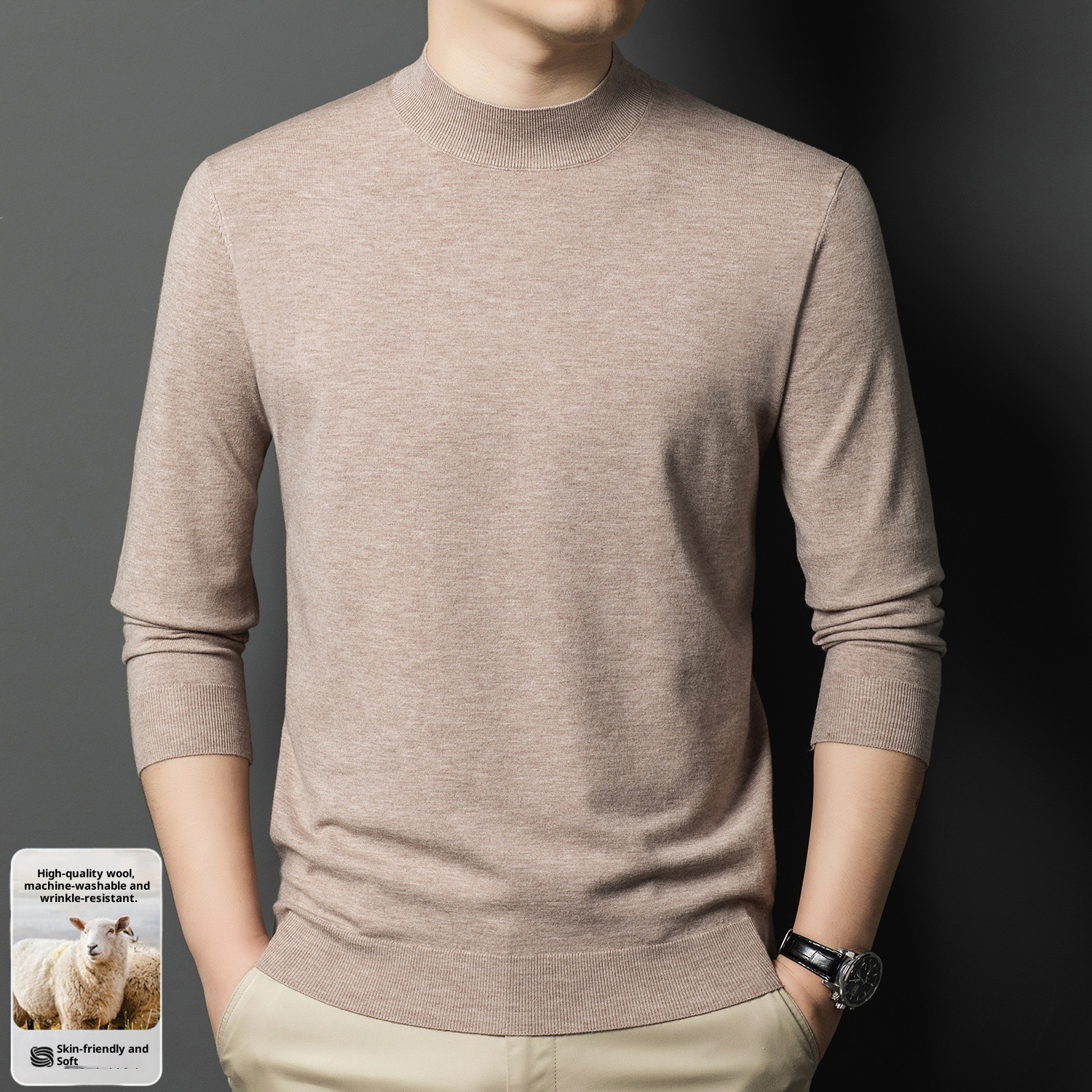 ragazzo Ragazzo Ragazzo Maglia fine a maniche lunghe in lana da uomo, ispessita e calda per autunno e inverno, mezza dolcevita, camicia di base in tinta unita, interno_voghion.com