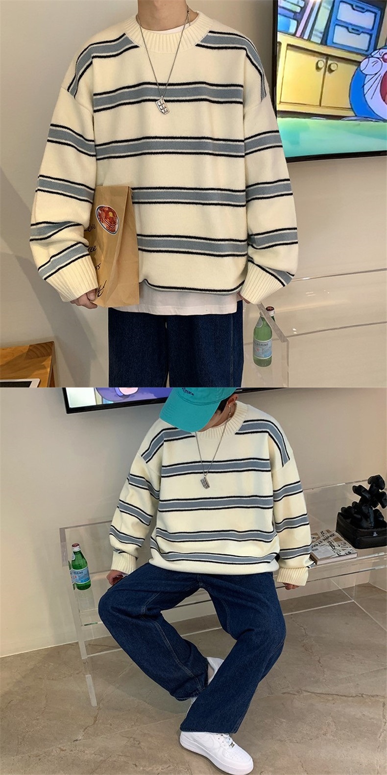 boy Boy Boy Striped Color Block Sweater Men's Autumn Winter Ins High Trend Loose Street Retro Hong Kong Style Round Neck Knitwear_voghion.com