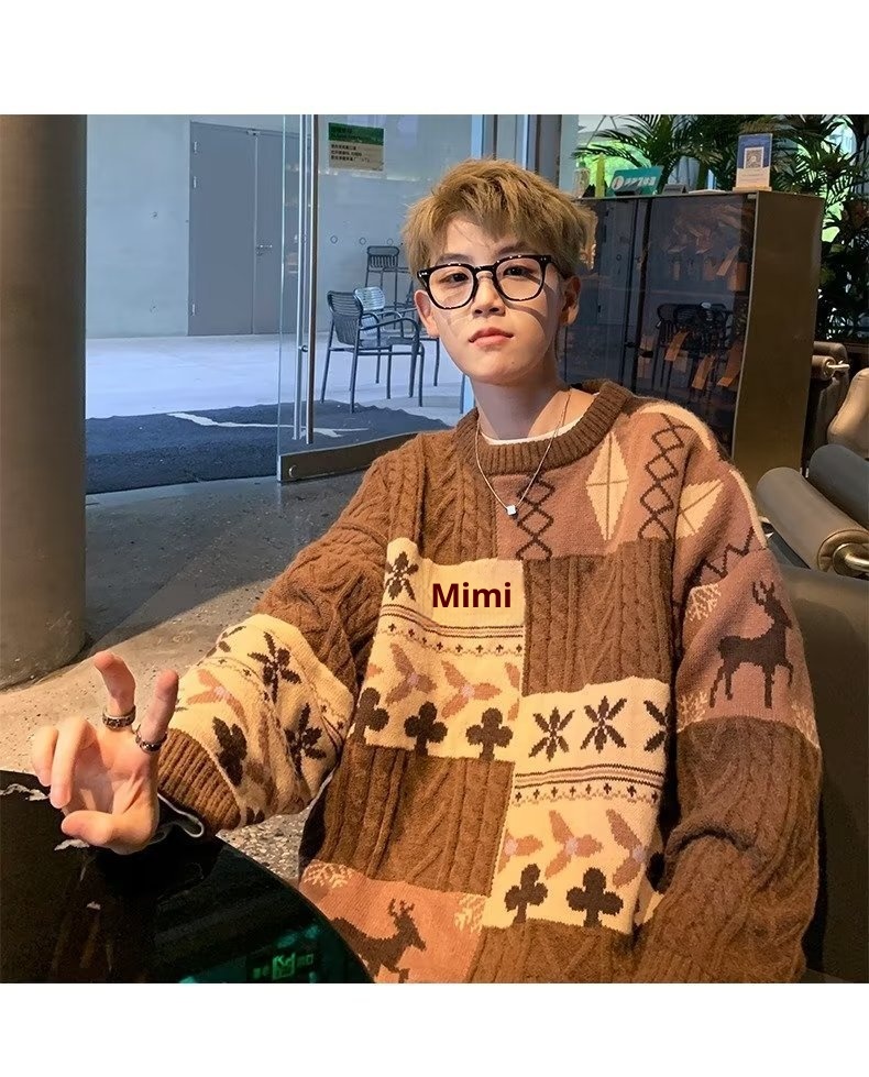 Pull cardigan style rétro américain pour homme, tendance hiver, ample et décontracté, patchwork, color block, maille torsadée_voghion.com