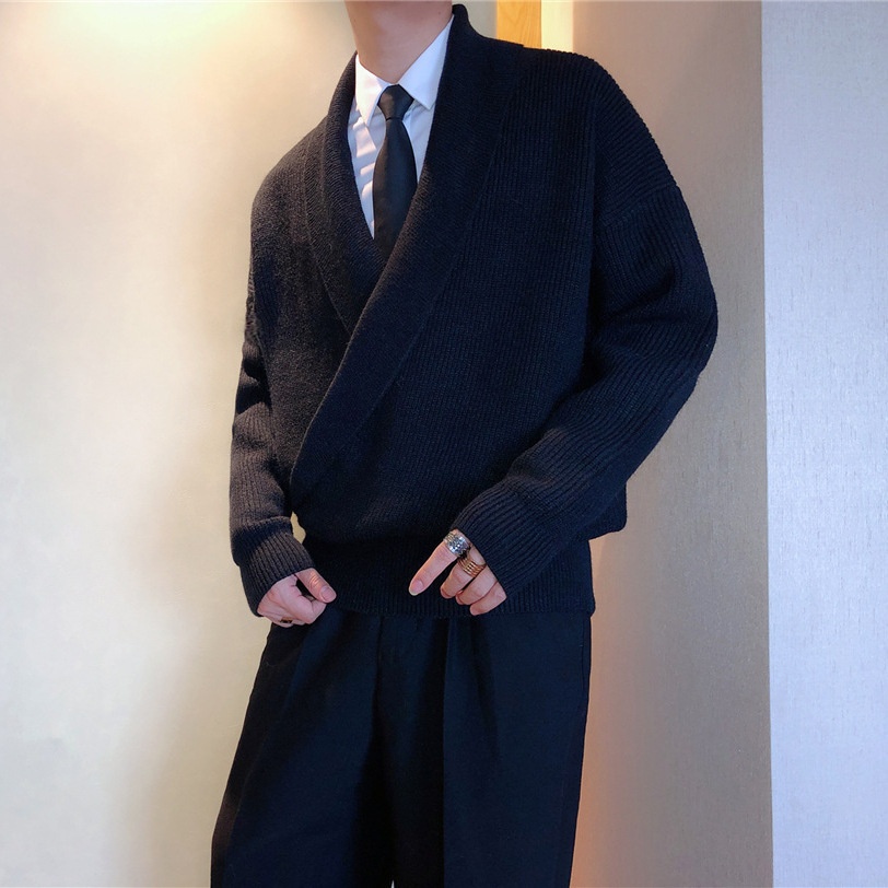 boy Boy Boy South Korea Autumn And Winter Solid Color Large V-Neck Draped Personality Men's Loose Lazy Style Casual Knitted Sweater_voghion.com