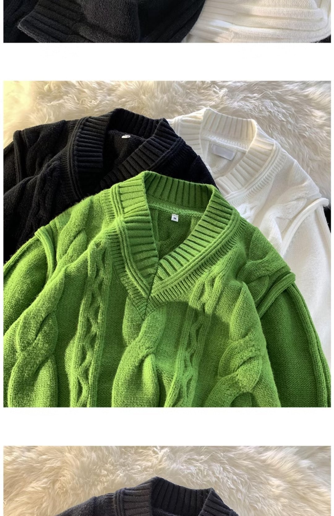 Pull Boy Boy blanc à col en V pour homme, en maille torsadée épaisse et 3D, style rétro tendance et décontracté._voghion.com