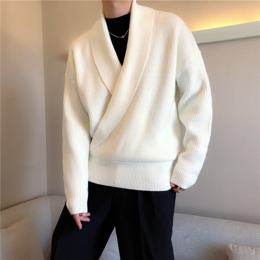 boy Boy Boy South Korea Autumn And Winter Solid Color Large V-Neck Draped Personality Men's Loose Lazy Style Casual Knitted Sweater_voghion.com