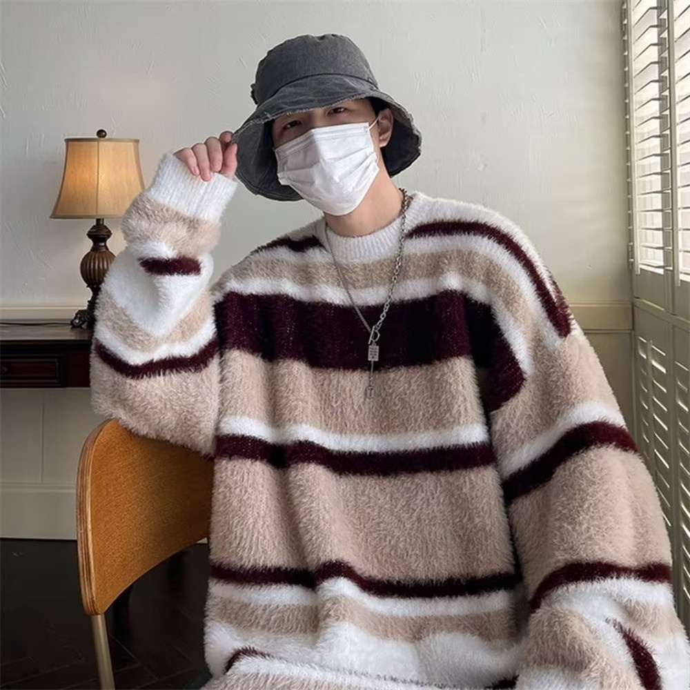 boy Boy Boy Soft Cozy Color-Block Striped Sweater For Men, New Autumn And Winter Round Neck Inner Layer, Warm Loose Base Knit Top_voghion.com