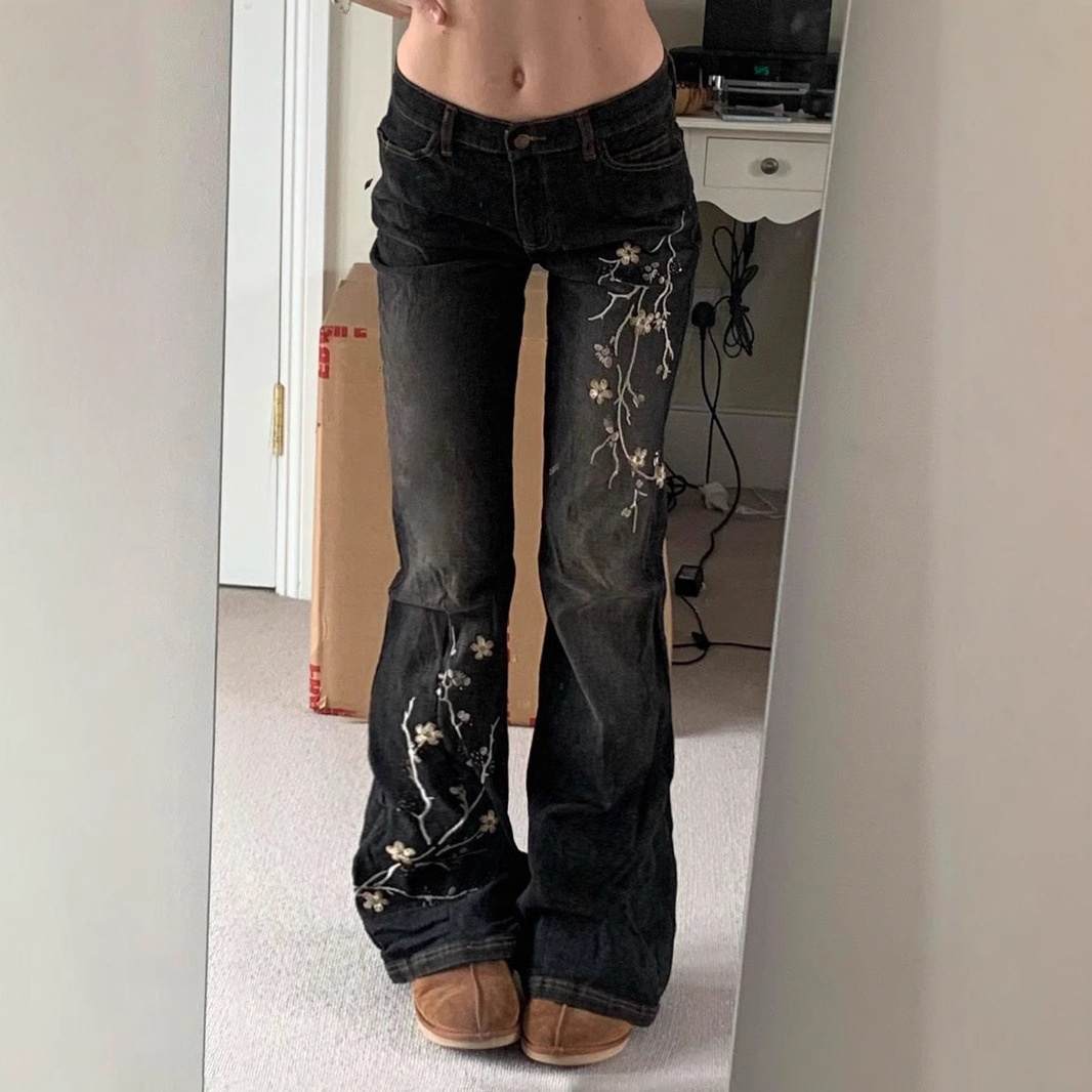 ChicShe American Street Western Cowboy Style Floral Embroidery Low Waist Flared Hot Girl Washed Vintage Casual Long Pants_ecoleips.com