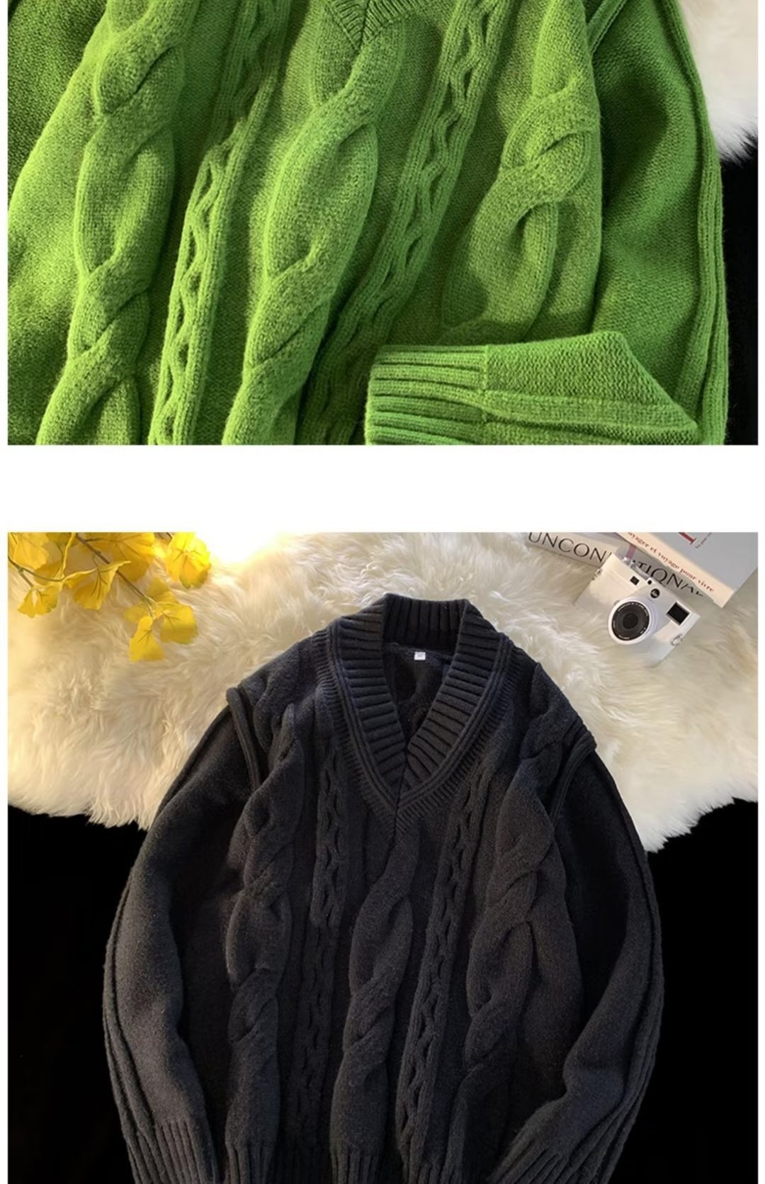 Pull Boy Boy blanc à col en V pour homme, en maille torsadée épaisse et 3D, style rétro tendance et décontracté._voghion.com