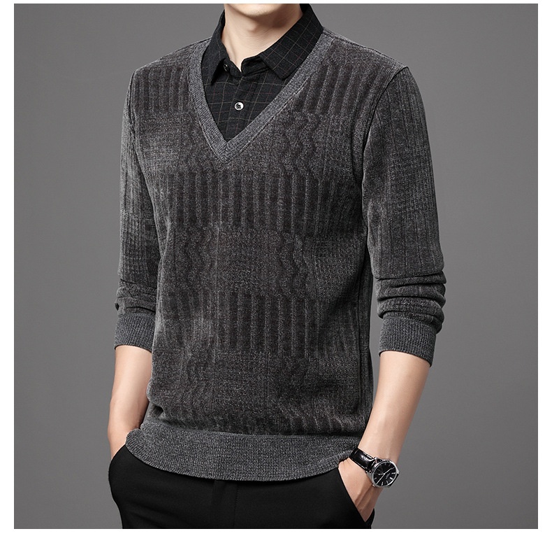 Maglione polo da uomo in pile di ciniglia spesso, due pezzi, autunno inverno, casual, con colletto rovesciato_voghion.com