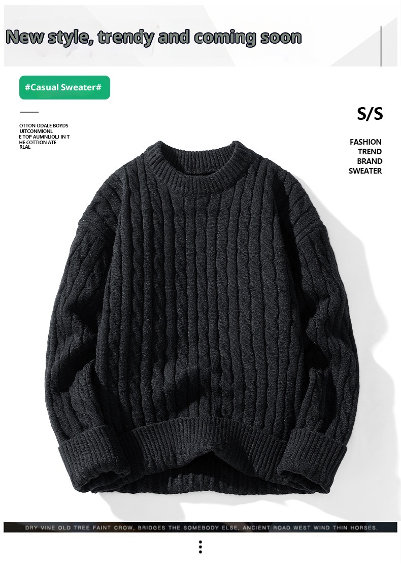 ragazzo ragazzo ragazzo con fodera in pile, nuova maglia base autunnale e invernale, maglione lavorato a maglia con trecce intrecciate a scollo rotondo, maglione lavorato a maglia da uomo_voghion.com