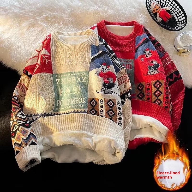 boy Boy Boy Heavyweight Fleece-Lined Thick For Men Winter Trendy Loose Lazy Style Christmas Knitted Sweater Couple Outfit Cardigan_voghion.com