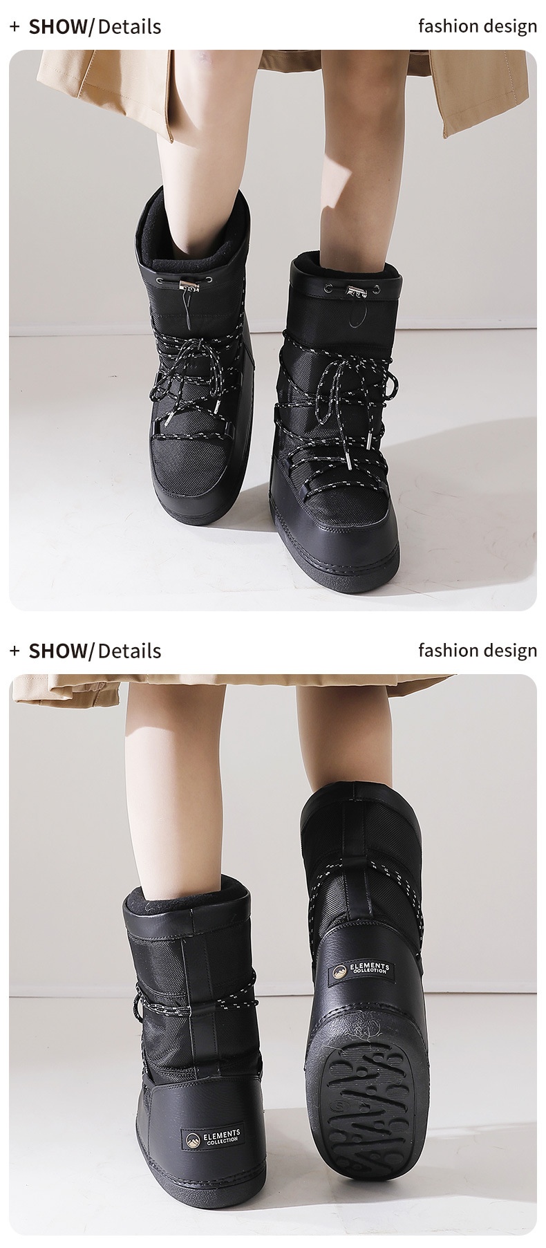 Zees Winter New Outdoor Space Shoes Ski Black Texture Thickened Warm Cool Style Cross-Border Large Size Snow Boots_voghion.com