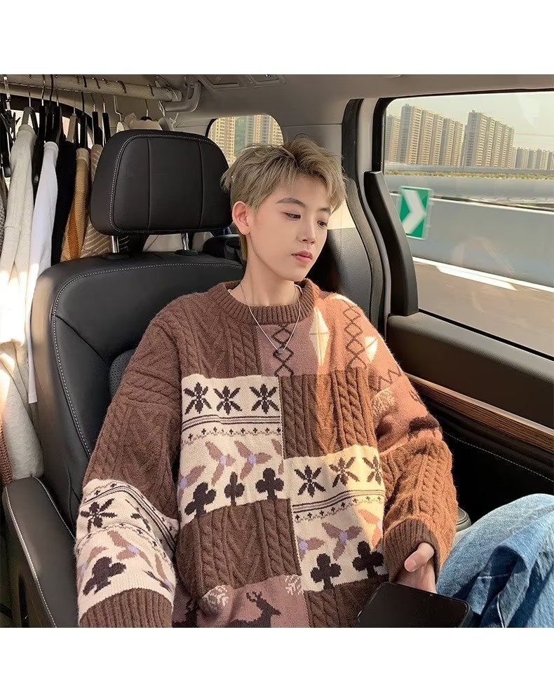 Pull cardigan style rétro américain pour homme, tendance hiver, ample et décontracté, patchwork, color block, maille torsadée_voghion.com