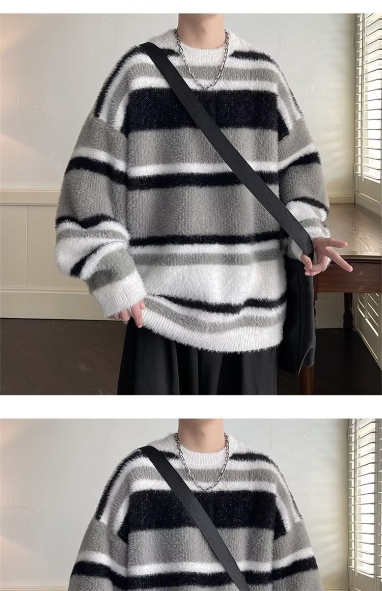 boy Boy Boy Soft Cozy Color-Block Striped Sweater For Men, New Autumn And Winter Round Neck Inner Layer, Warm Loose Base Knit Top_voghion.com