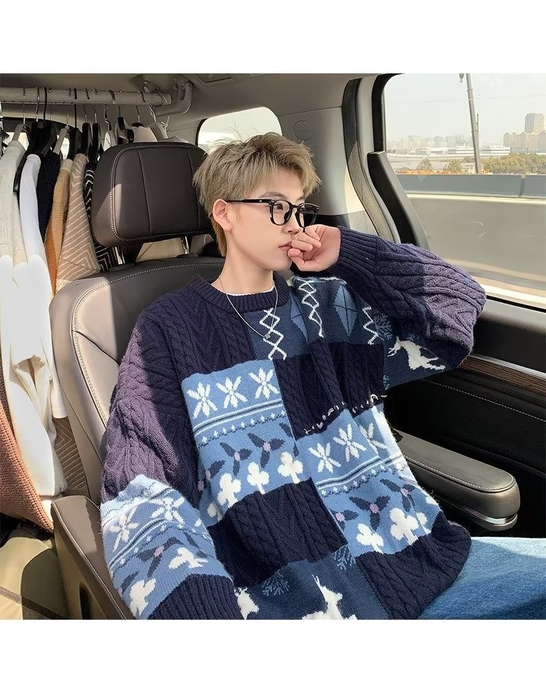 Pull cardigan style rétro américain pour homme, tendance hiver, ample et décontracté, patchwork, color block, maille torsadée_voghion.com