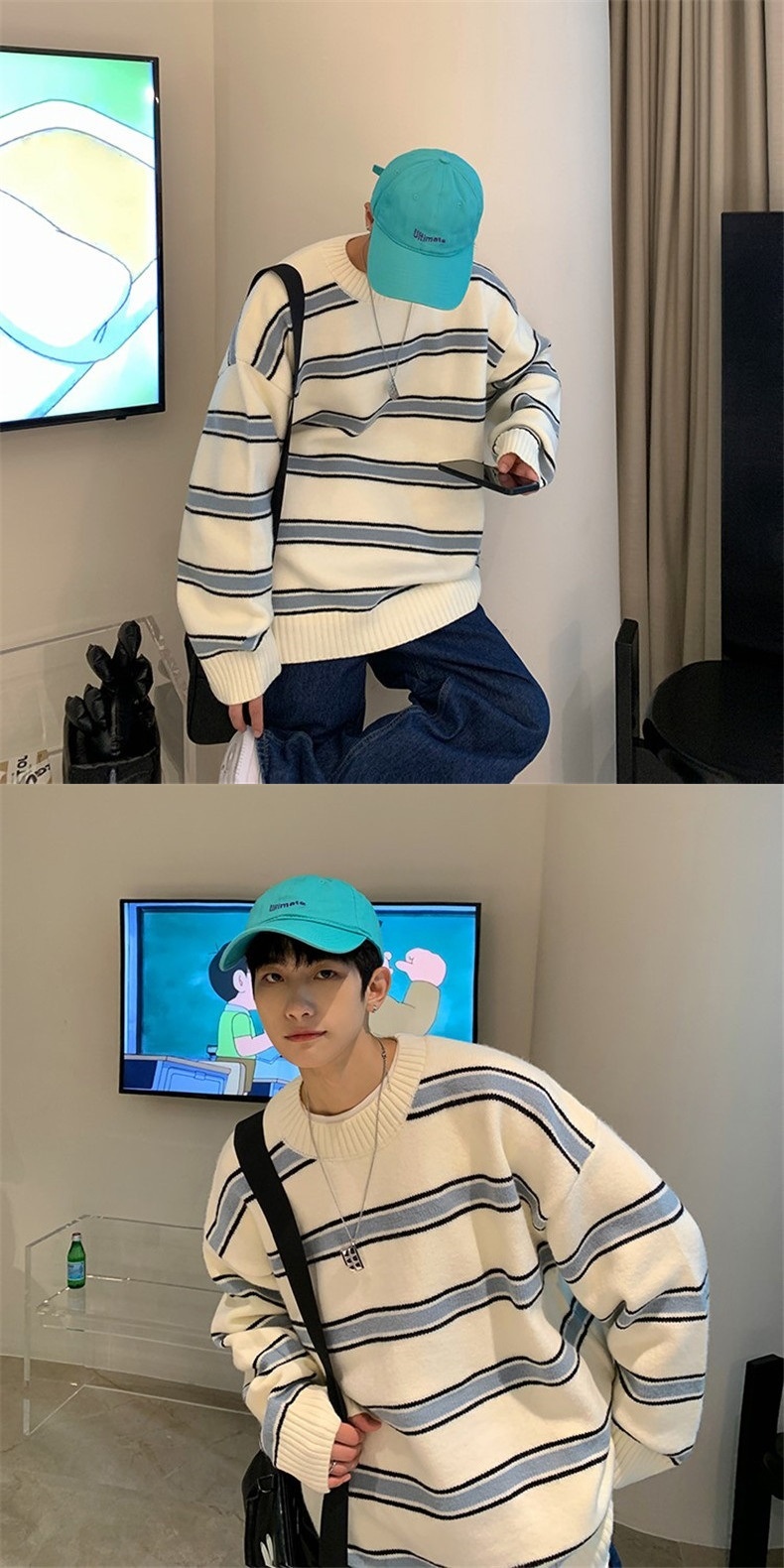 boy Boy Boy Striped Color Block Sweater Men's Autumn Winter Ins High Trend Loose Street Retro Hong Kong Style Round Neck Knitwear_voghion.com