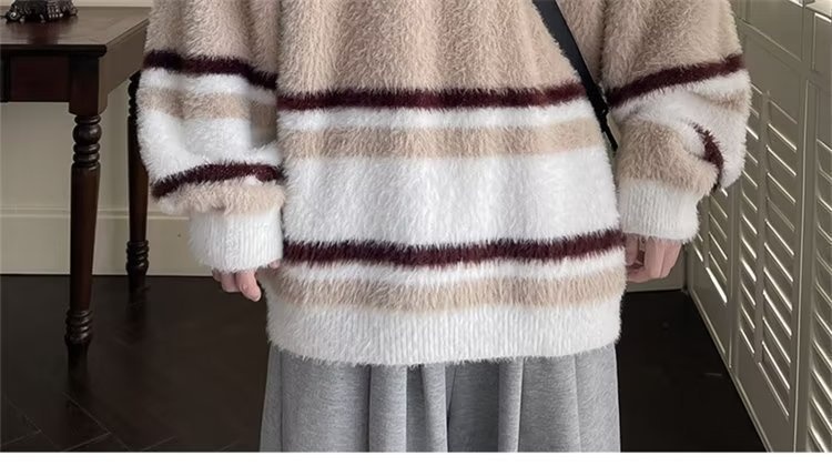 boy Boy Boy Soft Cozy Color-Block Striped Sweater For Men, New Autumn And Winter Round Neck Inner Layer, Warm Loose Base Knit Top_voghion.com