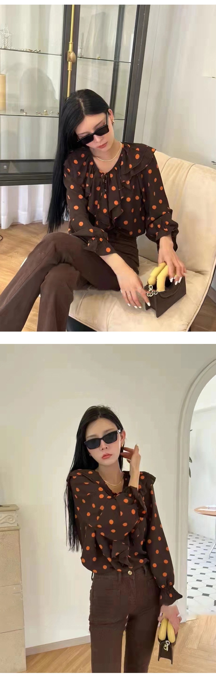 GraceChic GraceChic GraceChic Fashion Station 025 New European Goods Trendy Ruffled V-neck Polka Dot Long Sleeve Top Shirt Women's Unique Design_voghion.com