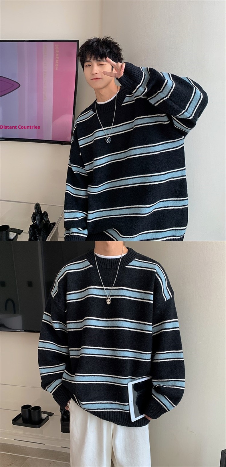 boy Boy Boy Striped Color Block Sweater Men's Autumn Winter Ins High Trend Loose Street Retro Hong Kong Style Round Neck Knitwear_voghion.com