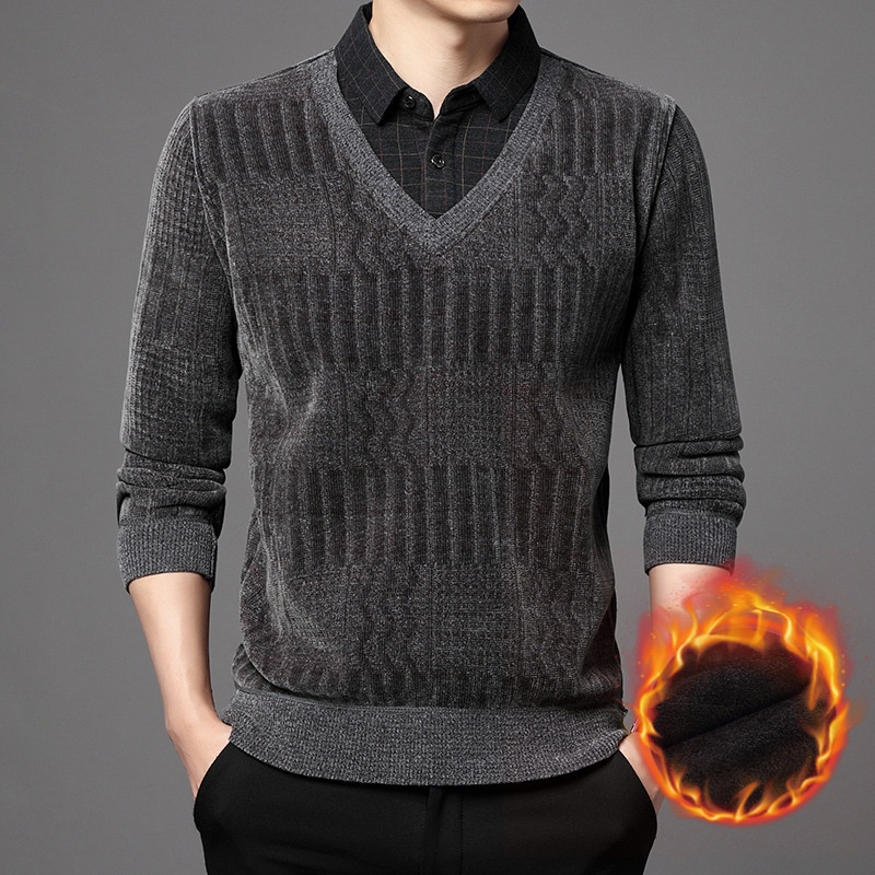 Maglione polo da uomo in pile di ciniglia spesso, due pezzi, autunno inverno, casual, con colletto rovesciato_voghion.com