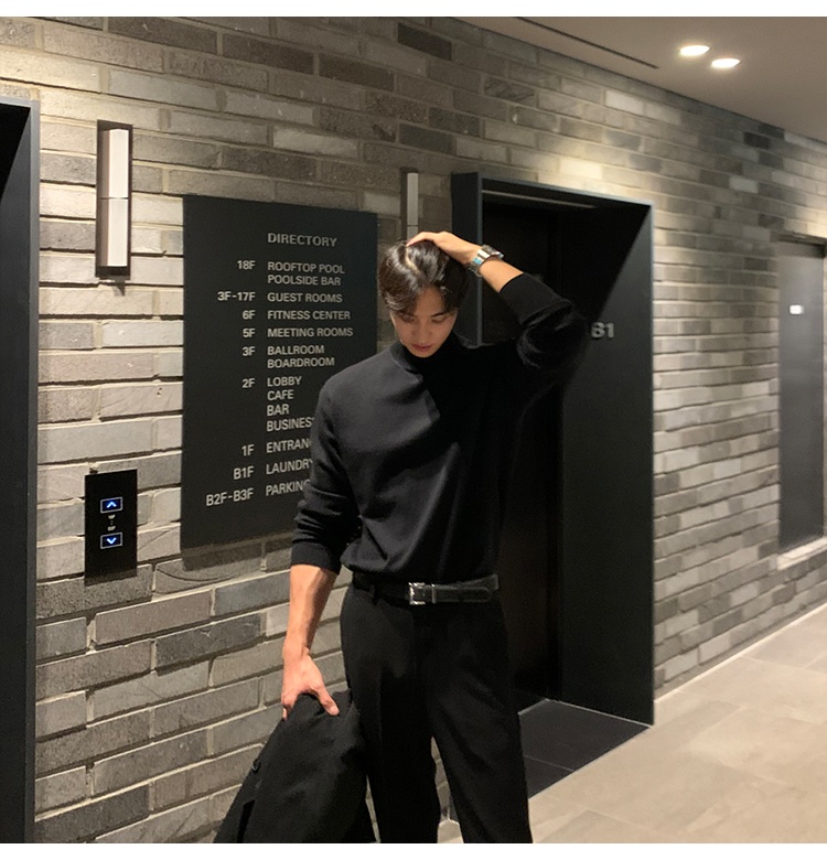 boy Boy Boy Autumn Winter Men's Korean Style Loose Casual Solid Color Mid-Neck Knitted Base Shirt Long Sleeve Inner Layer High-End_voghion.com