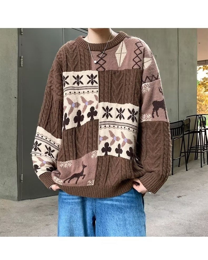 Pull cardigan style rétro américain pour homme, tendance hiver, ample et décontracté, patchwork, color block, maille torsadée_voghion.com