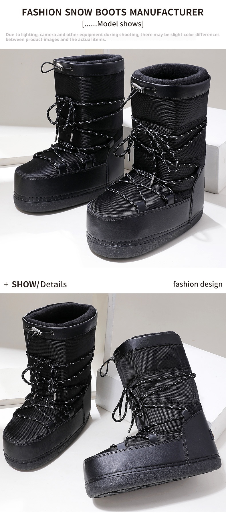 Zees Winter New Outdoor Space Shoes Ski Black Texture Thickened Warm Cool Style Cross-Border Large Size Snow Boots_voghion.com