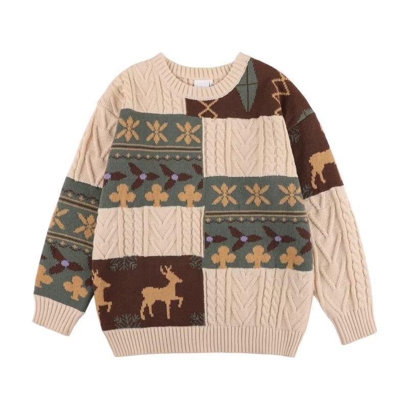 Pull cardigan style rétro américain pour homme, tendance hiver, ample et décontracté, patchwork, color block, maille torsadée_voghion.com