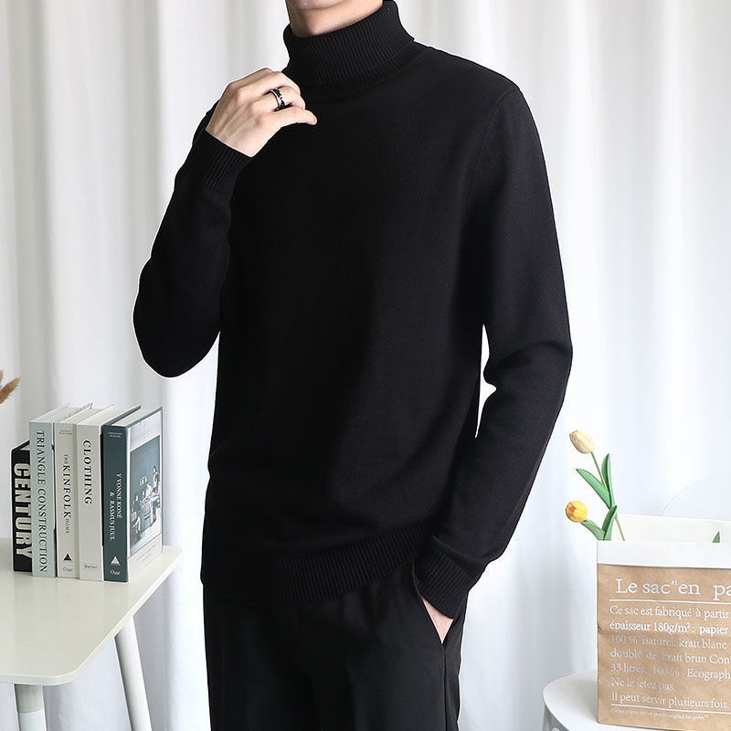 Maglione lavorato a maglia a collo alto da uomo, stile coreano, alla moda, vestibilità slim, nero, autunno inverno, strato interno, da uomo_voghion.com
