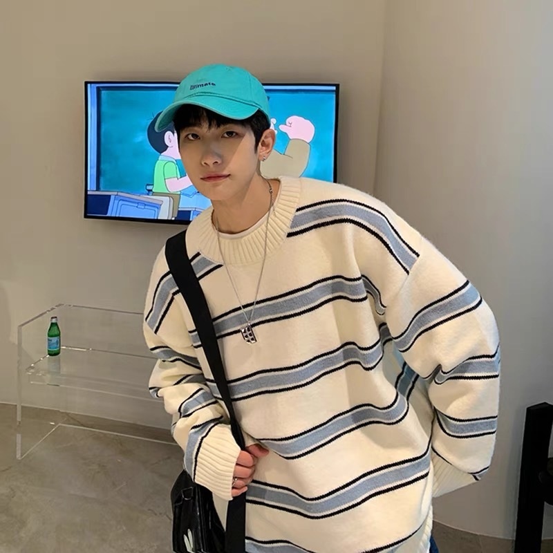 boy Boy Boy Striped Color Block Sweater Men's Autumn Winter Ins High Trend Loose Street Retro Hong Kong Style Round Neck Knitwear_voghion.com