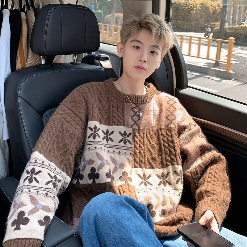 Pull cardigan style rétro américain pour homme, tendance hiver, ample et décontracté, patchwork, color block, maille torsadée_voghion.com