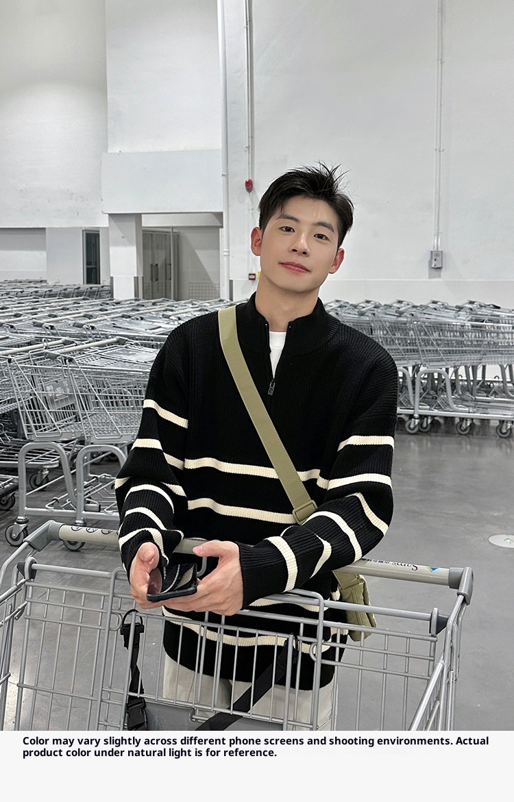 boy Boy Boy 2025 New Tendy Band Half Tutleneck Zippe Striped Sweatshirt Men, Loose Pullove Knitted Base Shit Fo Autumn And_voghion.com