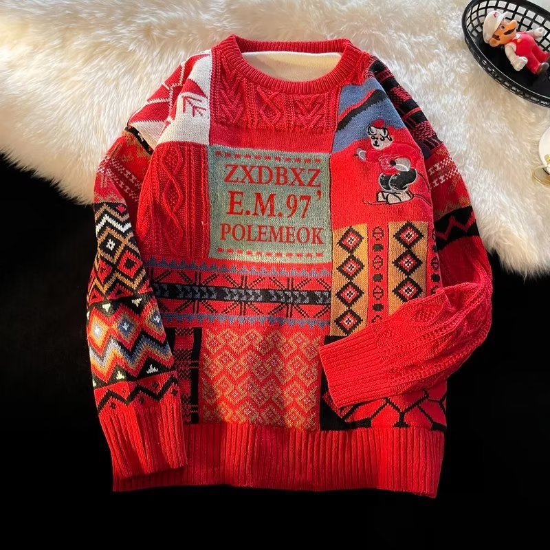 boy Boy Boy Heavyweight Fleece-Lined Thick For Men Winter Trendy Loose Lazy Style Christmas Knitted Sweater Couple Outfit Cardigan_voghion.com