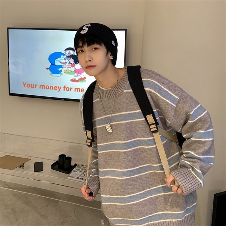 boy Boy Boy Striped Color Block Sweater Men's Autumn Winter Ins High Trend Loose Street Retro Hong Kong Style Round Neck Knitwear_voghion.com