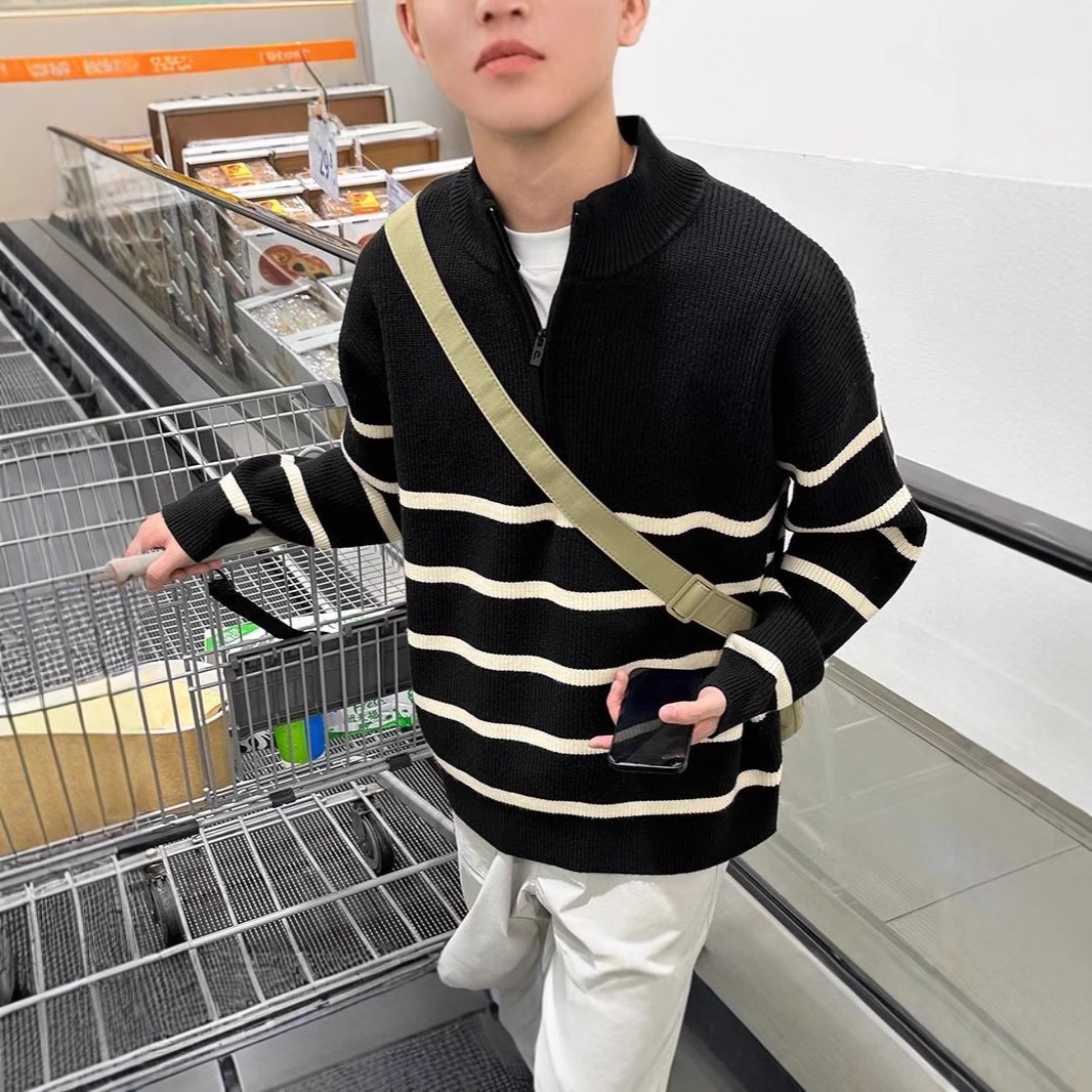 boy Boy Boy 2025 New Tendy Band Half Tutleneck Zippe Striped Sweatshirt Men, Loose Pullove Knitted Base Shit Fo Autumn And_voghion.com