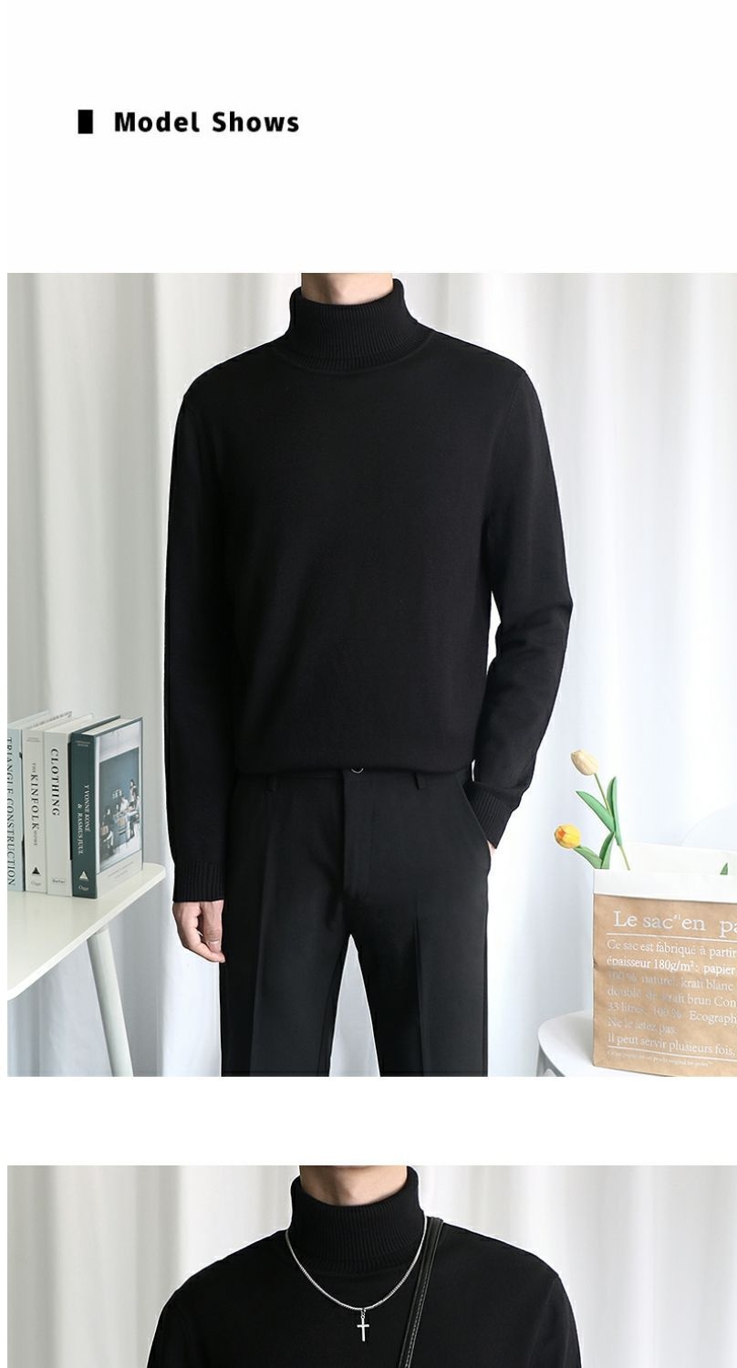 Maglione lavorato a maglia a collo alto da uomo, stile coreano, alla moda, vestibilità slim, nero, autunno inverno, strato interno, da uomo_voghion.com