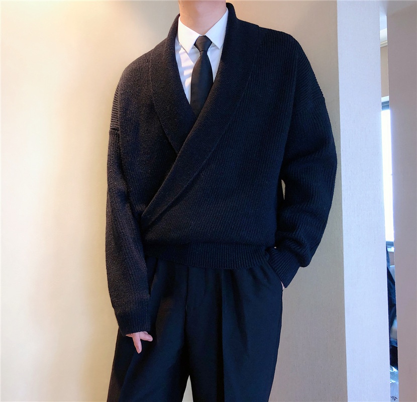 boy Boy Boy South Korea Autumn And Winter Solid Color Large V-Neck Draped Personality Men's Loose Lazy Style Casual Knitted Sweater_voghion.com