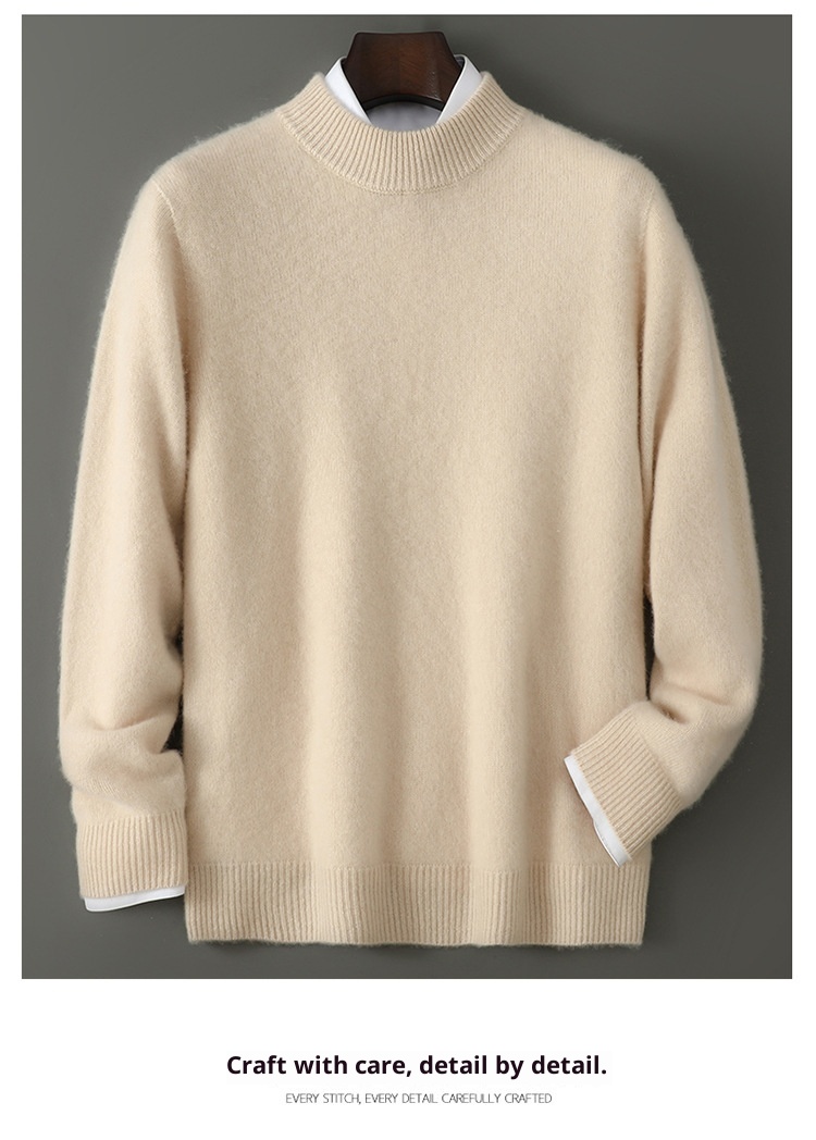 boy Boy Boy 100% Pure Wool Men's Half Turtleneck Thickened Solid Color Sweater Business Casual Loose Knitted Base Shirt Top_voghion.com