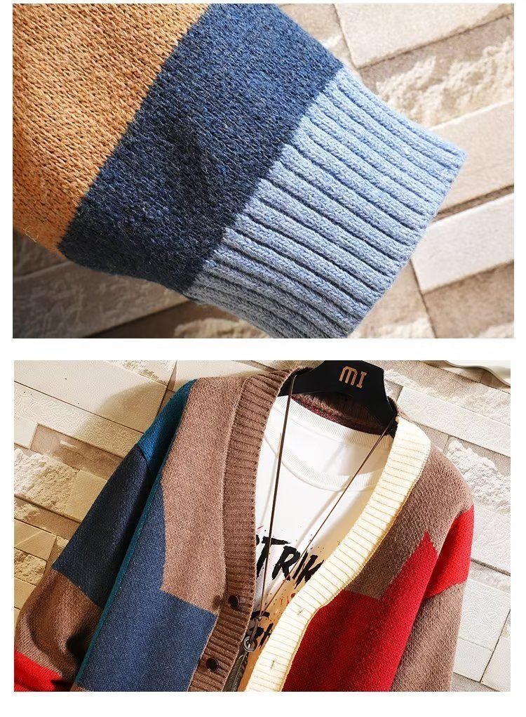 Erkek Çocuk Erkek Çocuk Hırka Sonbahar Kış Tasarım Anlayışı Niş V Yaka Örme Bol Dış Giyim Erkek Kaşmir Kazak Patchwork Ceket_voghion.com