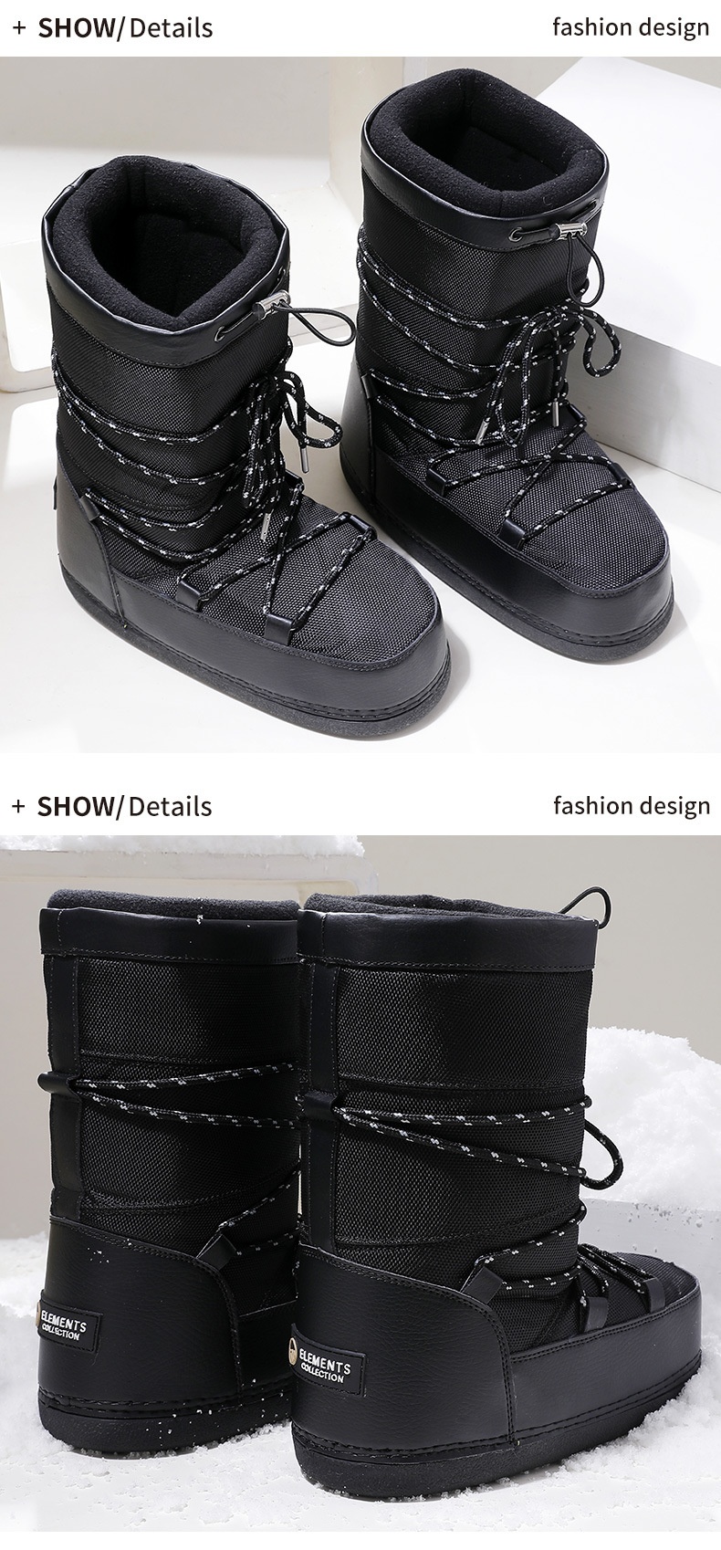 Zees Winter New Outdoor Space Shoes Ski Black Texture Thickened Warm Cool Style Cross-Border Large Size Snow Boots_voghion.com