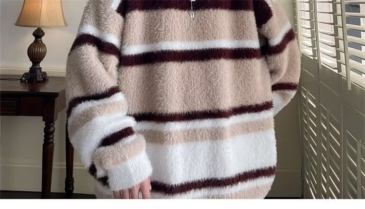boy Boy Boy Soft Cozy Color-Block Striped Sweater For Men, New Autumn And Winter Round Neck Inner Layer, Warm Loose Base Knit Top_voghion.com