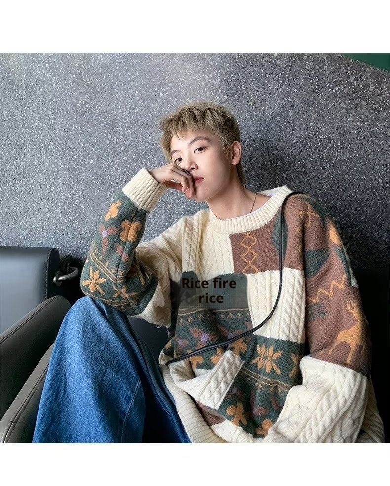 Pull cardigan style rétro américain pour homme, tendance hiver, ample et décontracté, patchwork, color block, maille torsadée_voghion.com