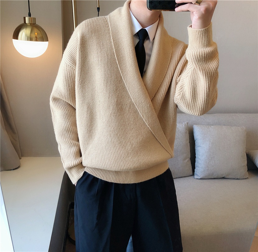 boy Boy Boy South Korea Autumn And Winter Solid Color Large V-Neck Draped Personality Men's Loose Lazy Style Casual Knitted Sweater_voghion.com