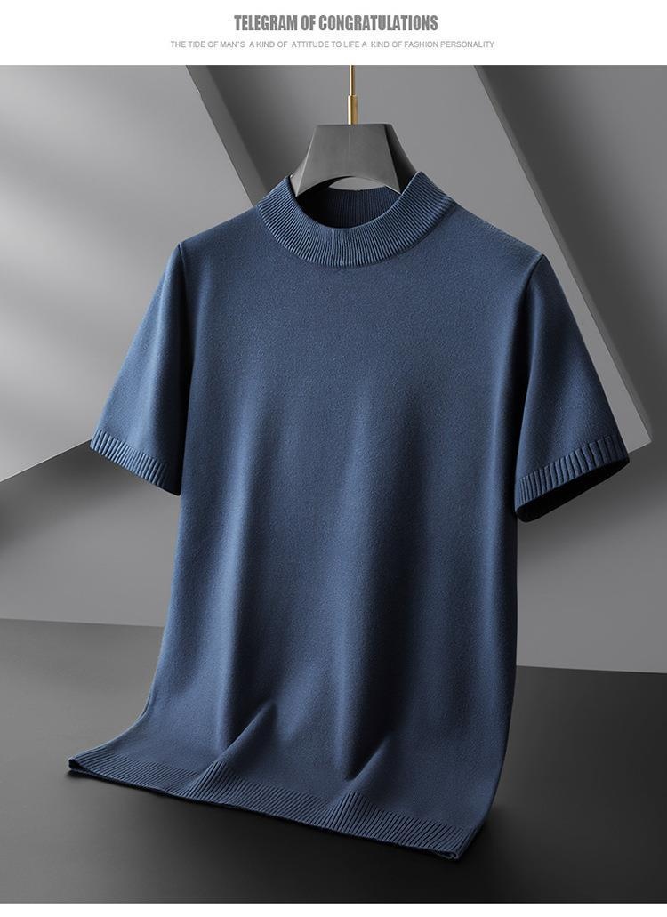 boy Boy Boy Turtleneck Men Half Sweater Solid Color Plus Size Fat Man Autumn Thin T-Shirt Short Sleeve Knitted Shirt_voghion.com