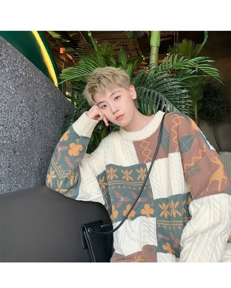 Pull cardigan style rétro américain pour homme, tendance hiver, ample et décontracté, patchwork, color block, maille torsadée_voghion.com