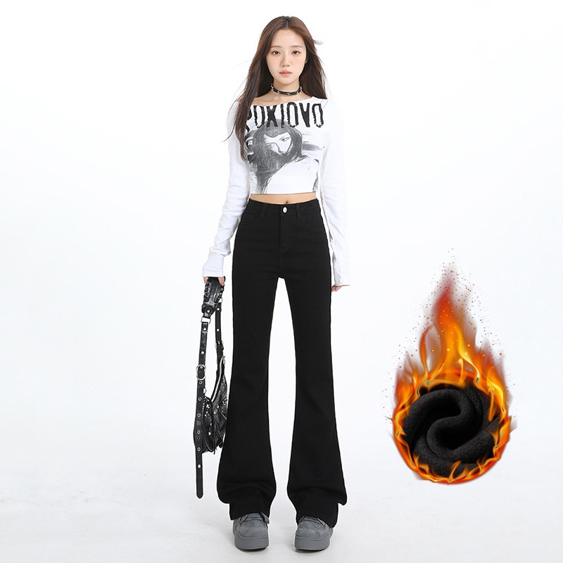 ChicShe Fleece-Lined Jeans Women, New American Style For Autumn And Winter, Petite Flared Black Slim Fit Slimming Bootcut Pants_voghion.com
