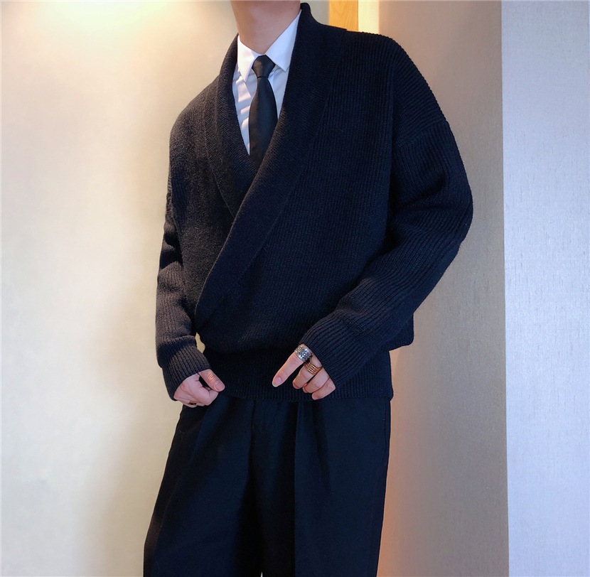 boy Boy Boy South Korea Autumn And Winter Solid Color Large V-Neck Draped Personality Men's Loose Lazy Style Casual Knitted Sweater_voghion.com