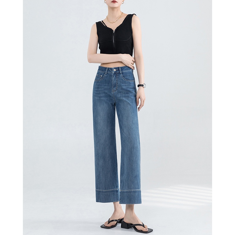 ChicShe Franse stijl jeans voor vrouwen 2025 zomer dunne hoge taille petite gedrapeerde broek cropped straight_voghion.com