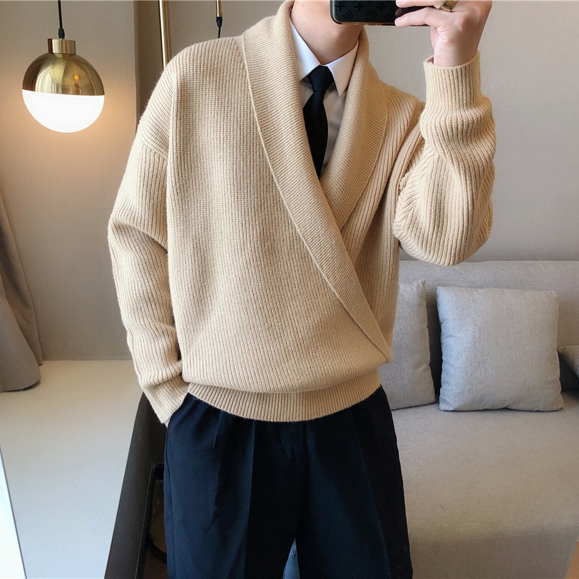 boy Boy Boy South Korea Autumn And Winter Solid Color Large V-Neck Draped Personality Men's Loose Lazy Style Casual Knitted Sweater_voghion.com