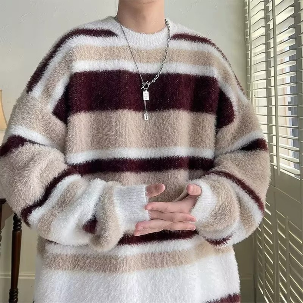 boy Boy Boy Soft Cozy Color-Block Striped Sweater For Men, New Autumn And Winter Round Neck Inner Layer, Warm Loose Base Knit Top_voghion.com