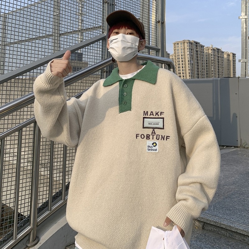 boy Boy Boy Spring Color-Block Polo Collar Sweater For Men, Autumn And Winter Trendy Oversize Retro Label Knitted Sweater, Artistic_voghion.com